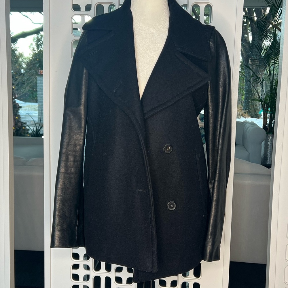 All Saints Wool & Leather Pea Coat Black Sz UK 10 US 6